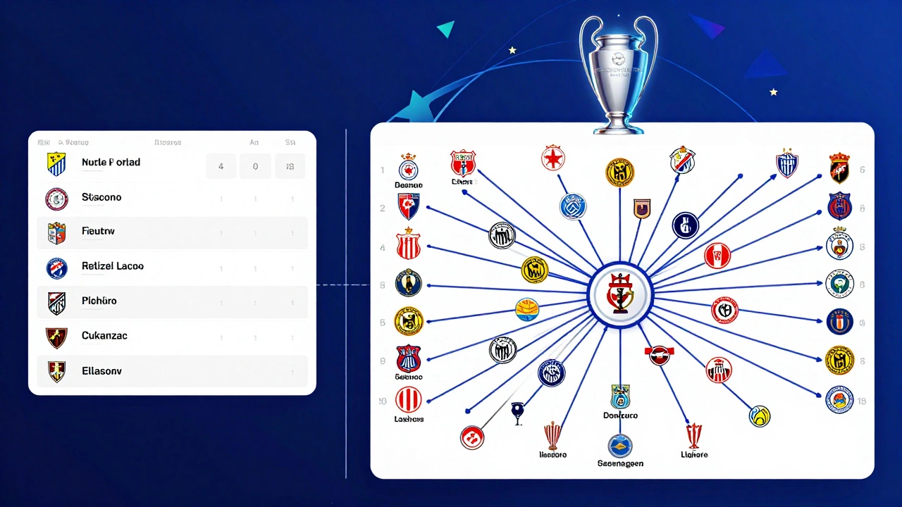 Artistic split illustration comparing old group stage format with new 36-team league system, no text.