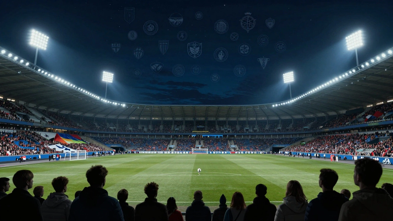 Empty Berlin stadium at night with glowing team emblems in the sky, silhouetted international fans watching.