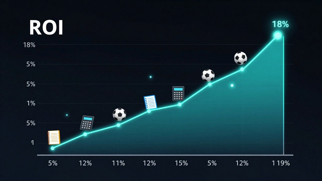График роста ROI с 5% до 18% за год с иконками футбольных матчей и калькуляторов