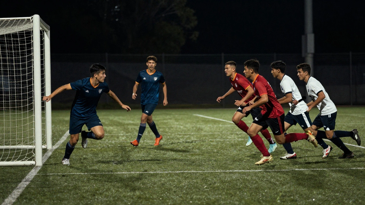 Момент после потери мяча: один игрок бежит вперед, команда не успевает вернуться в оборону.