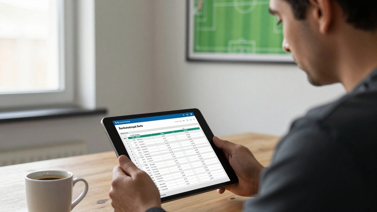 Мужчина анализирует таблицу с 412 футбольными ставками, ROI 23.8%, на столе кофе, за окном утро, спокойная атмосфера.
