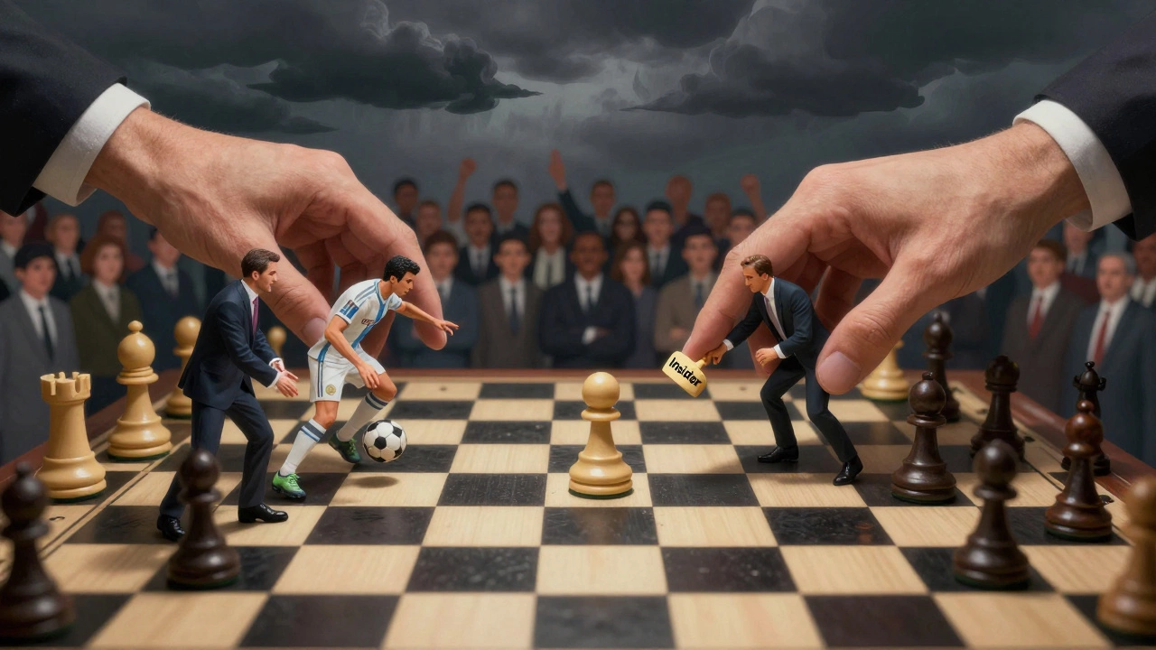Шахматная доска с фигурами из футбола, где инсайдер — пешка, движимая скрытыми силами.