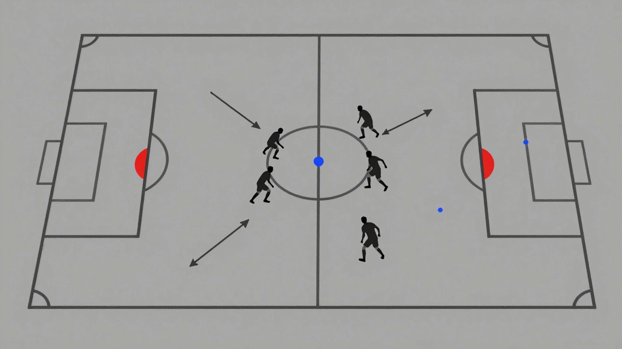 Схематичный вид футбольного поля с обозначенными зонами давления и ключевыми позициями.