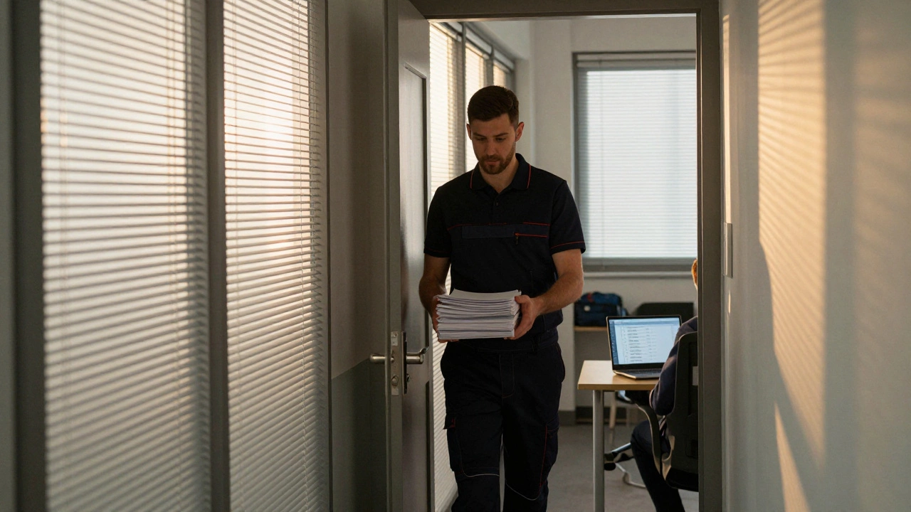 Уборщик проходит мимо офиса с контрактами в футболке клуба, утро.