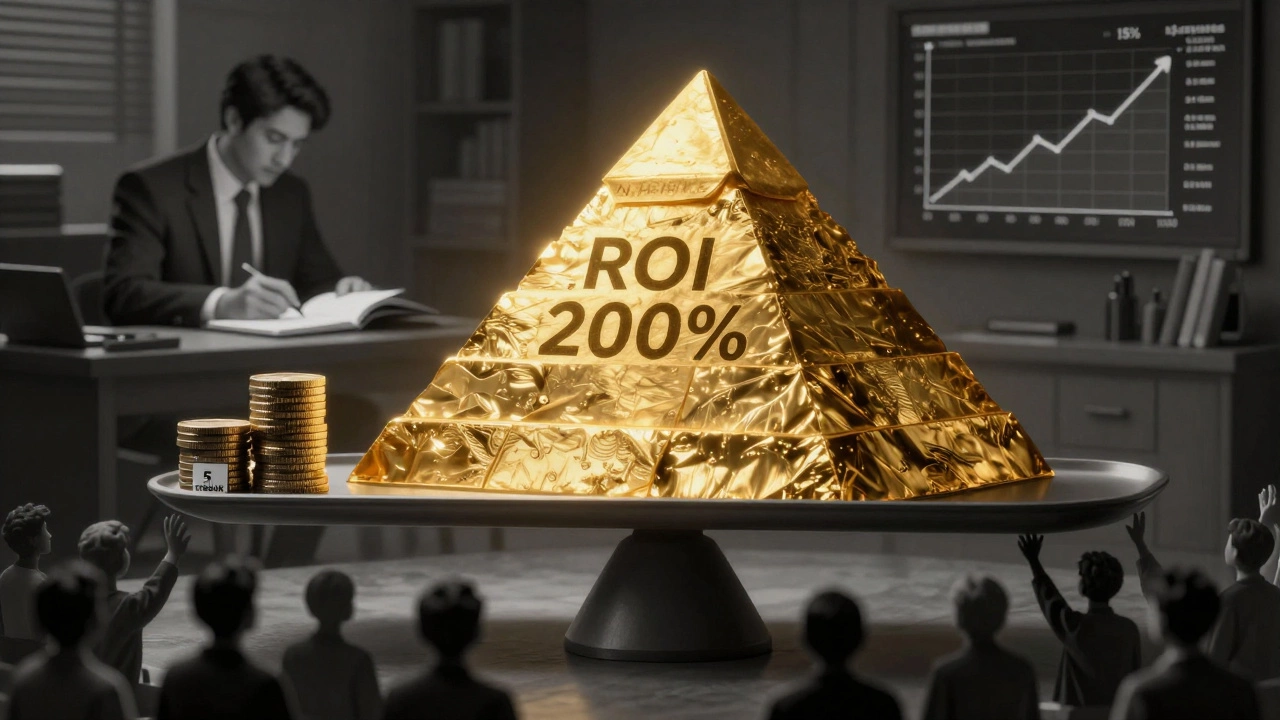 Весы: маленькая кучка монет против огромной золотой пирамиды ROI 200%, тени людей тянутся вверх, вдали — аналитик с блокнотом.