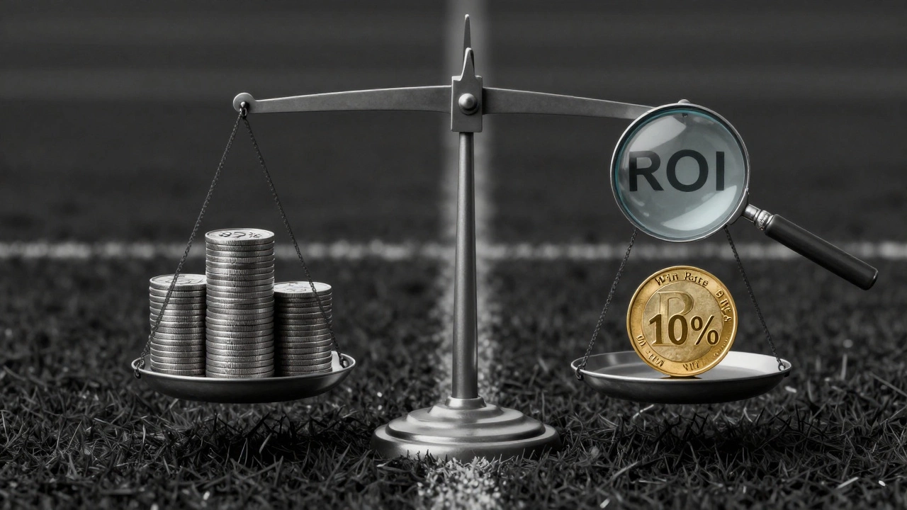 Весы: одна чаша — 85% побед, другая — ROI 10%, символизирующий истинный показатель прибыльности