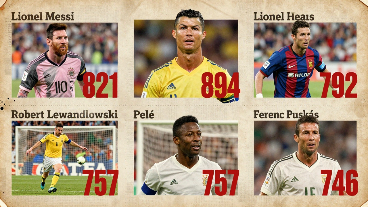 Винтажная газетная композиция с пятью лучшими бомбардирами в истории футбола и их рекордами.