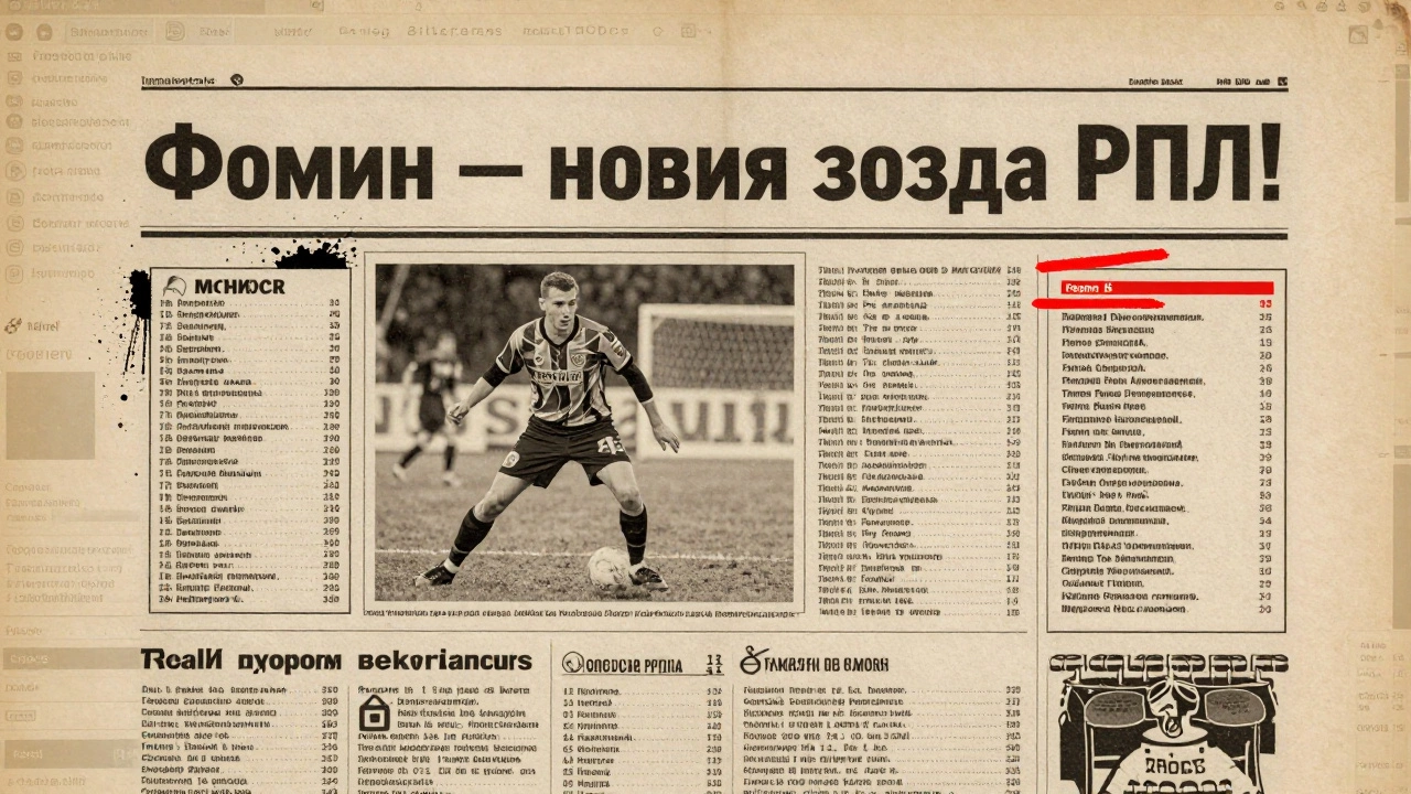 Винтажная спортивная газета с статистикой российского футболиста и современными веб-интерфейсами на заднем плане.