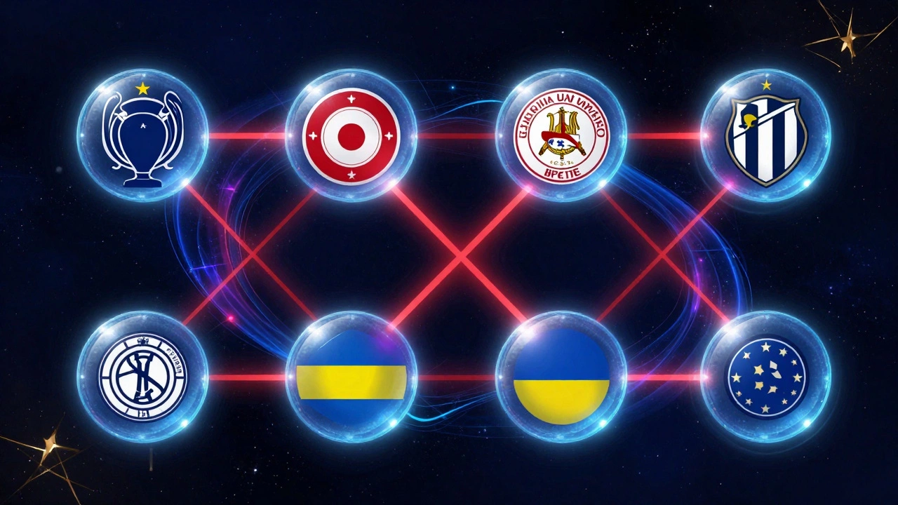 Абстрактная визуализация групп Лиги чемпионов с запретами на команды из одной страны.