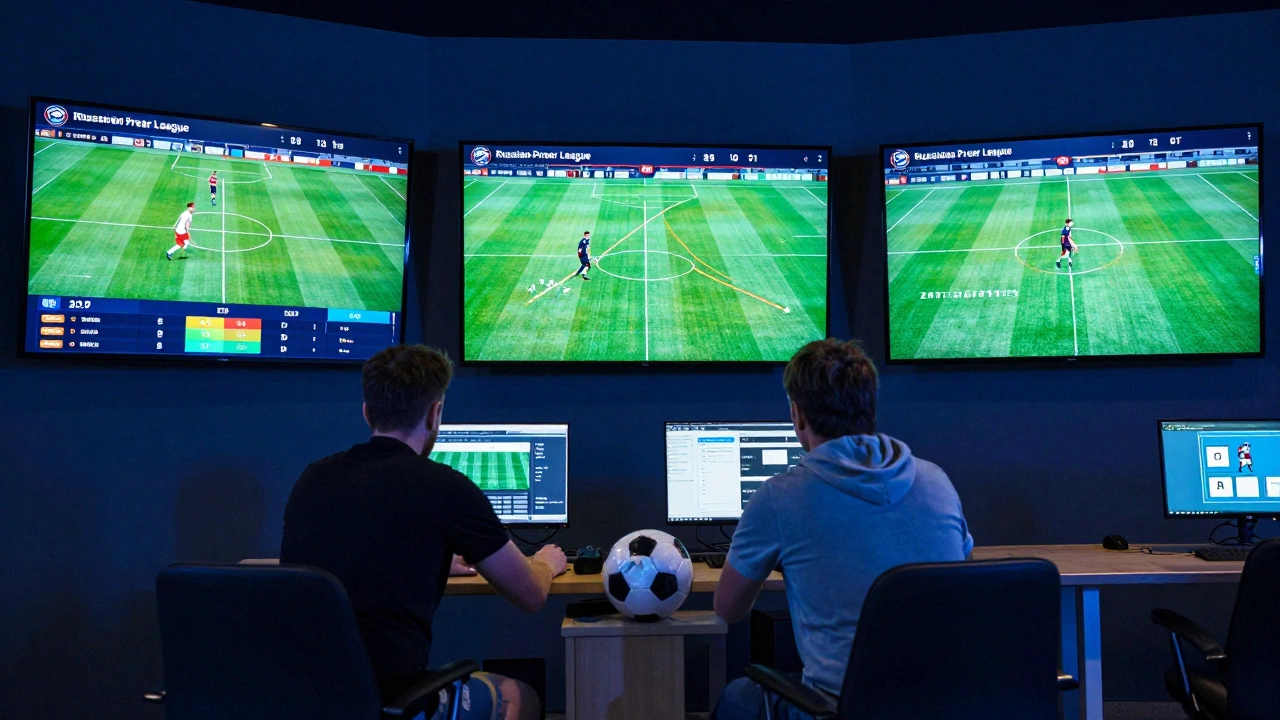 Аналитический центр с экранами, показывающими статистику игроков РПЛ в реальном времени.