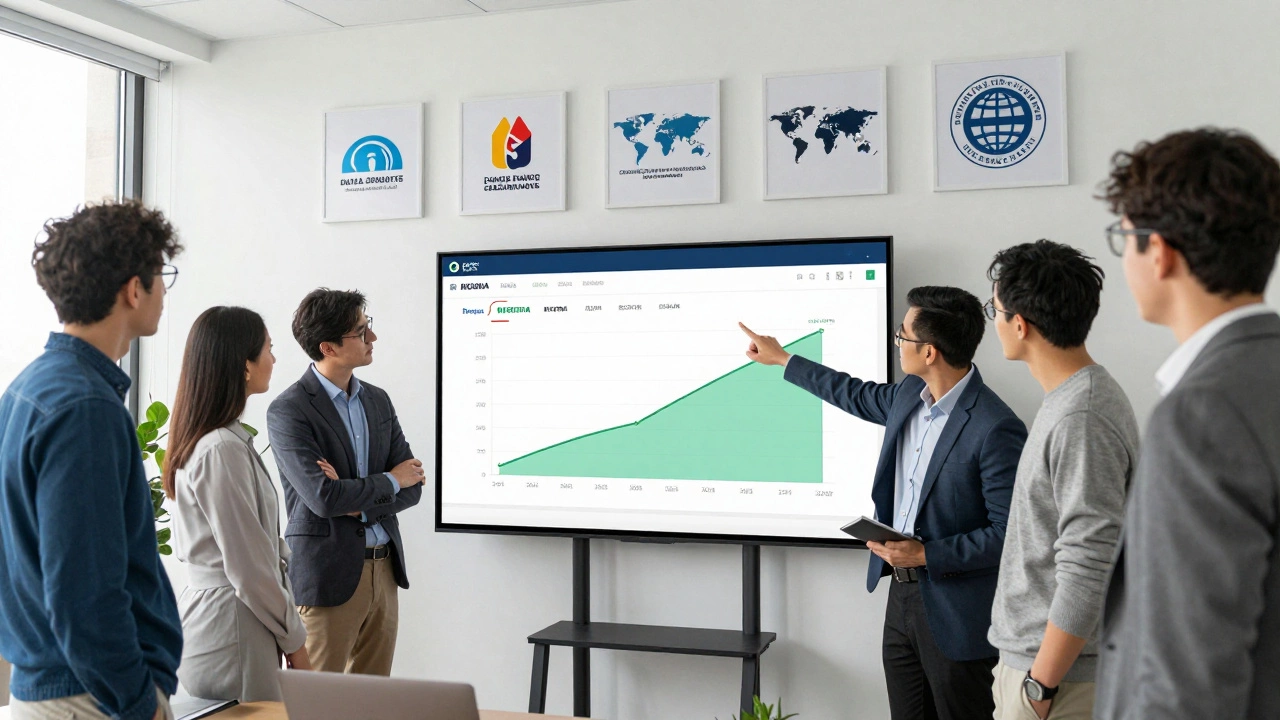 Аналитики работают с интерактивными демографическими данными на экране в офисе