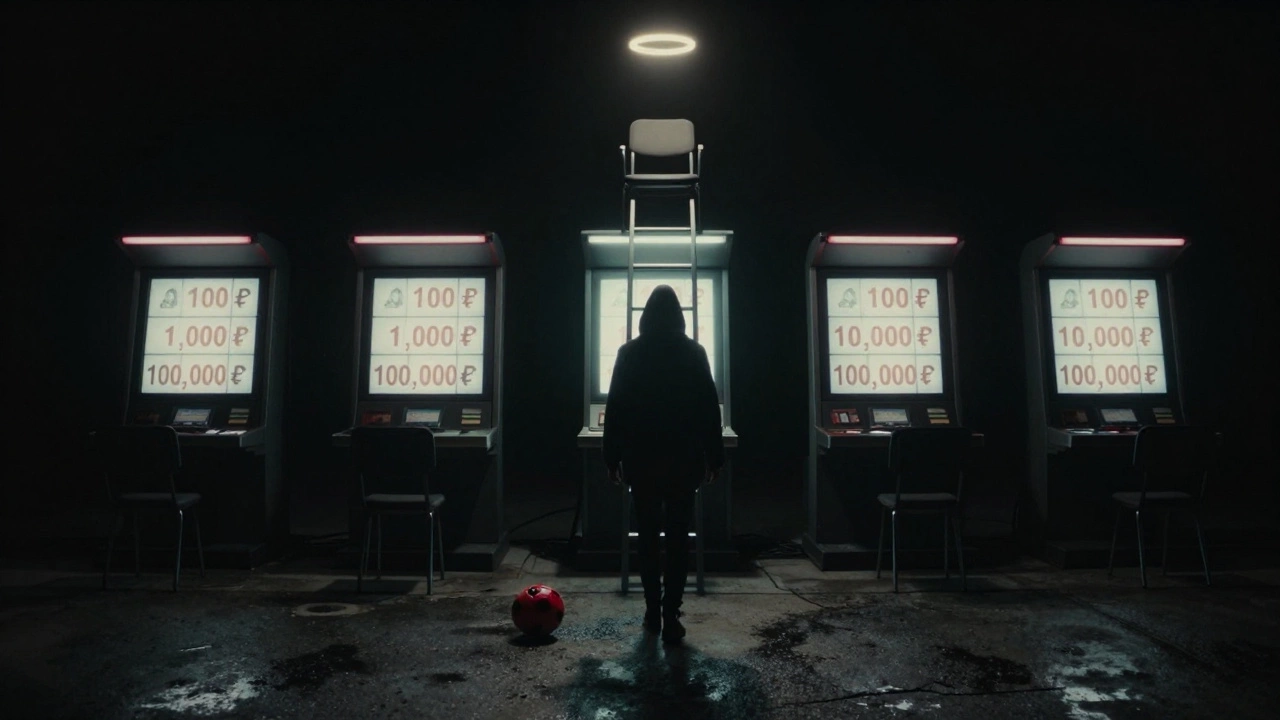 Фигура уходит от гаснущих букмекерских сайтов, за ней — лестница с растущими ставками и пустой стул наверху.