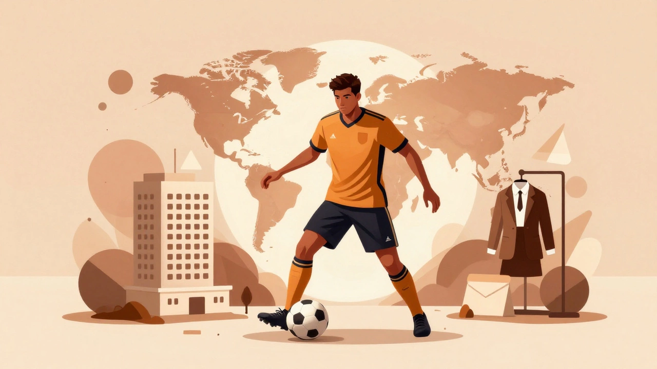 Футболист окружён символами бизнеса: глобус, отель, одежда