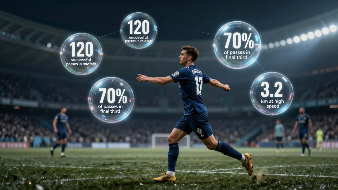 Футболист в движении, окруженный прозрачными цифровыми метриками его игры.