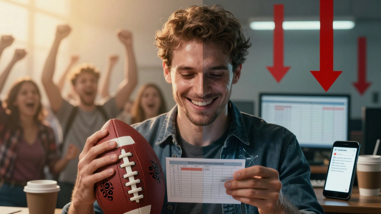 Портрет человека, разделенный на две части: одна — радость от футбола, другая — холодный анализ ставок.