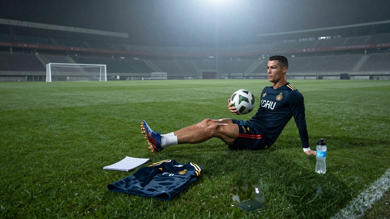 Роналду тренируется один в пустом стадионе на рассвете, символизируя его дисциплину.