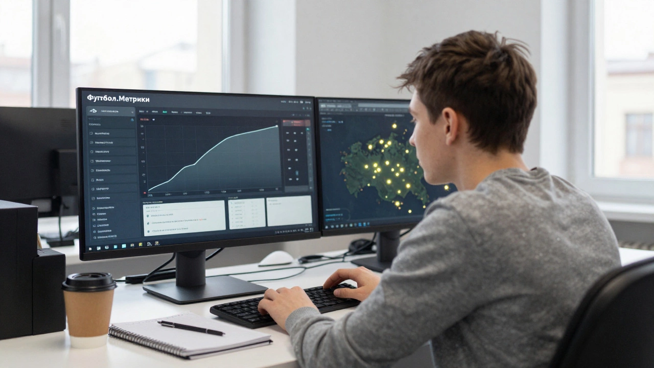 Российский аналитик в офисе с дашбордом, отображающим рост продаж футбольных моделей по стране.
