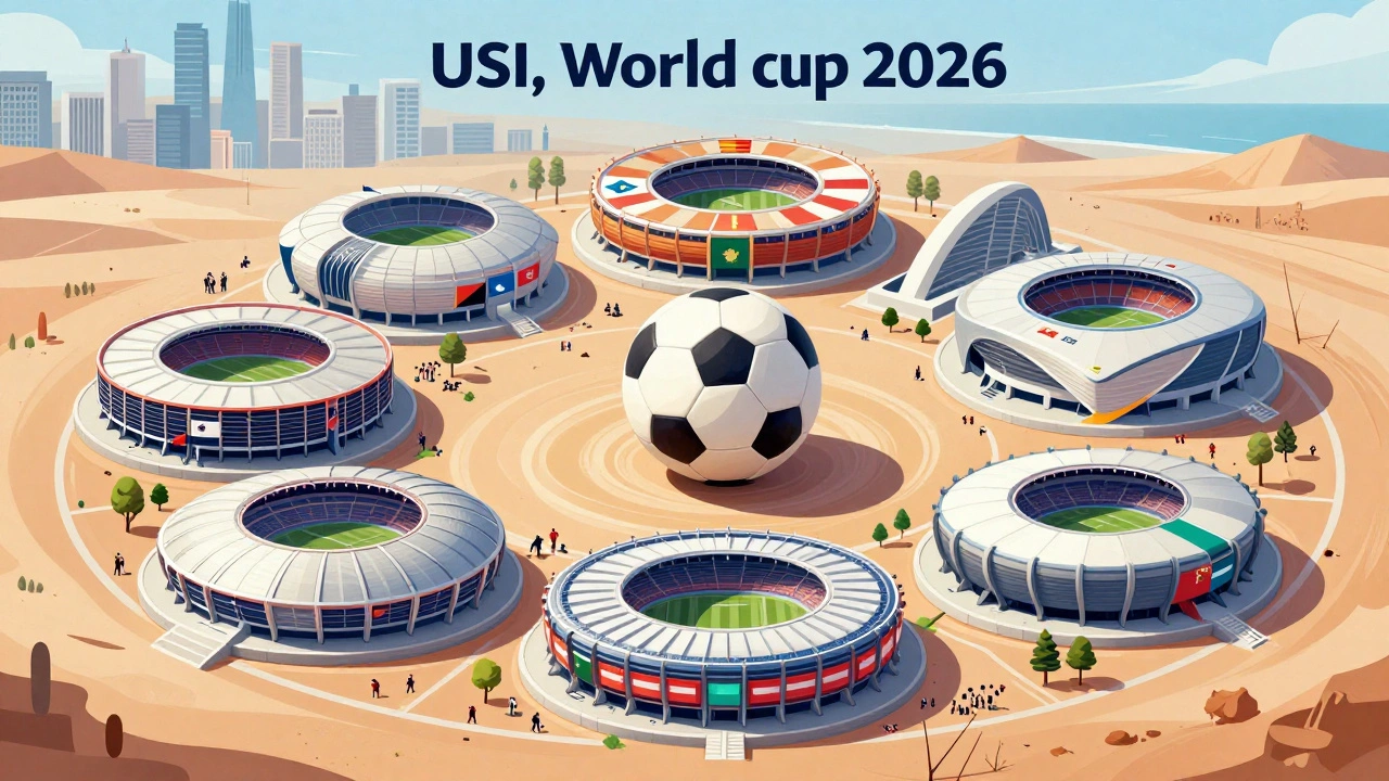 Шесть стадионов США, где могут играть на ЧМ-2026, расположены вокруг футбольного мяча.