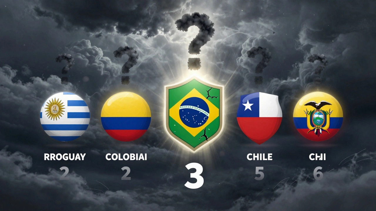 Таблица отбора в Южной Америке: Бразилия на третьем месте, остальные команды поднимаются, над ней тучи в виде вопроса.