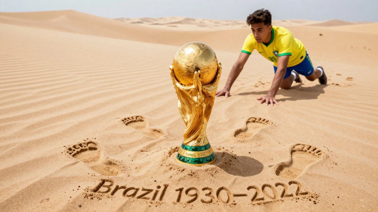 Золотой кубок частично зарыт в песке, одна из пяти отпечатков ступней — слабая, подпись 'Бразилия', молодой игрок тянется к нему.