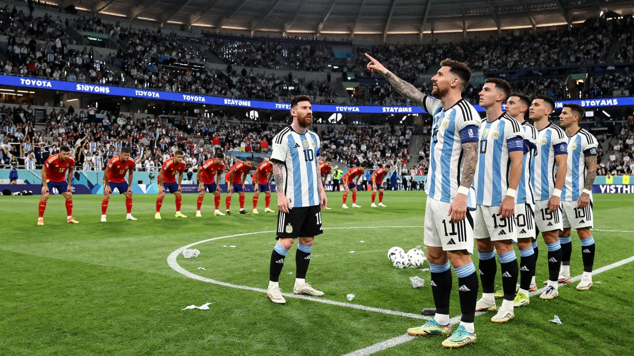 Аргентина играет против Испании на открытии ЧМ-2026 в Далласе, Месси в центре поля.