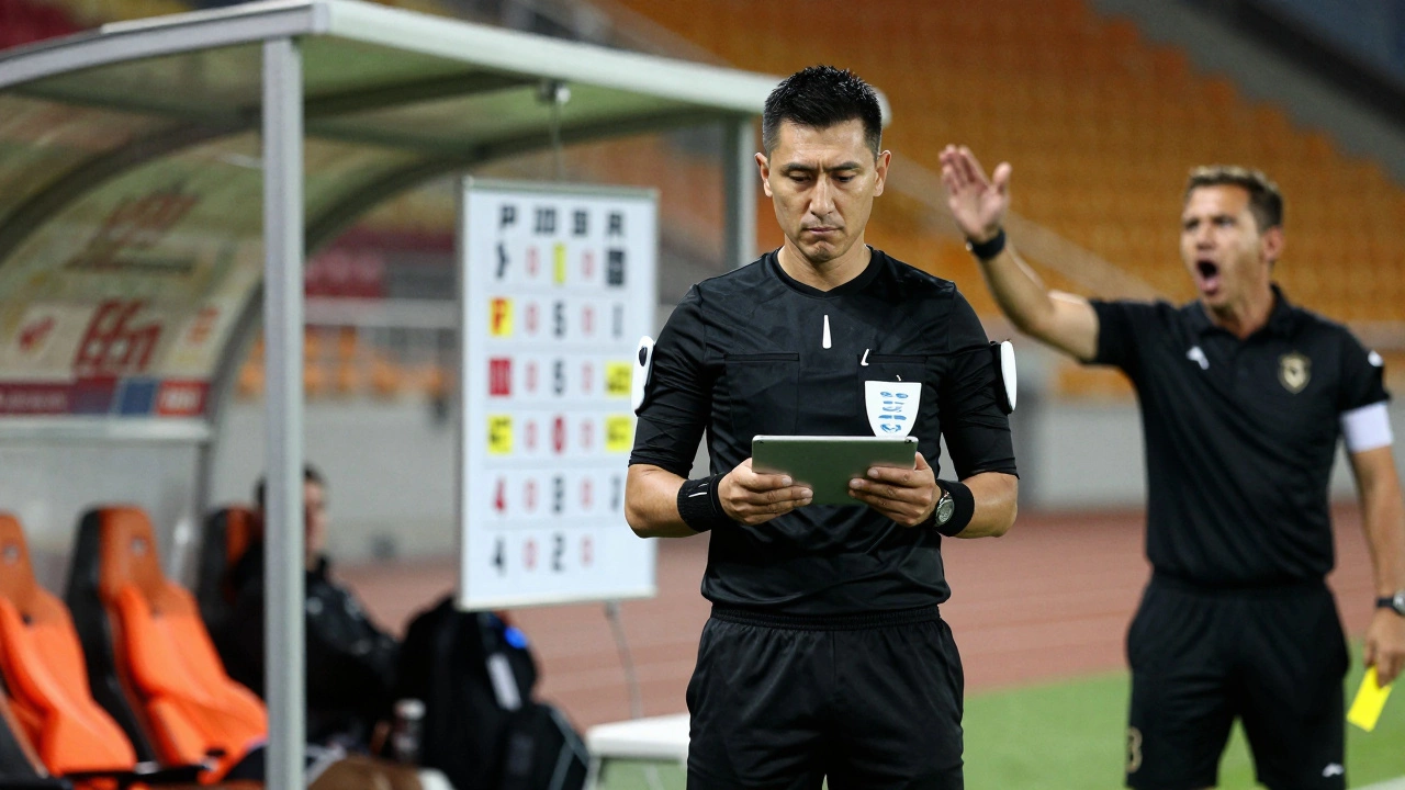 Четвертый судья стоит у доски замен, смотрит на поле, в руке желтая карточка.