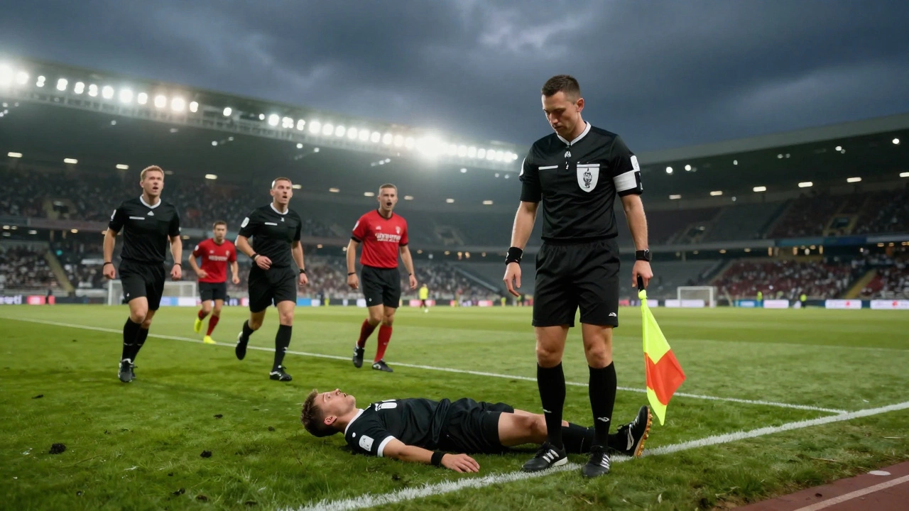 Четвертый судья заменяет главного арбитра, поднимая свисток и флаг на поле.