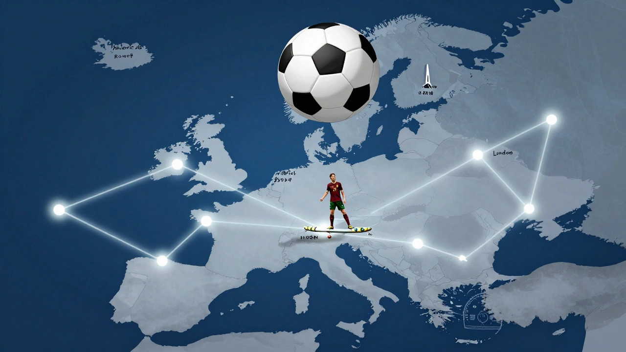 Футбольный мяч над картой Европы, символизирующий легендарные моменты плей-офф.