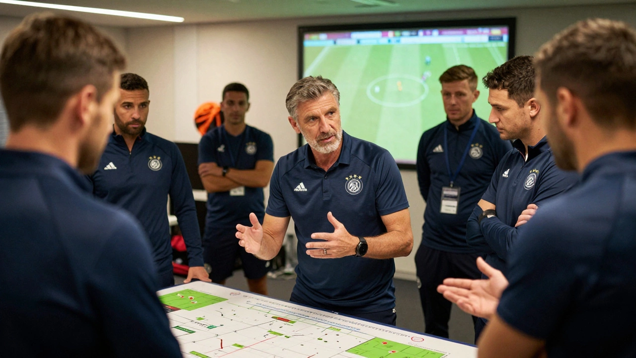 Главный тренер обсуждает тактику со штабом