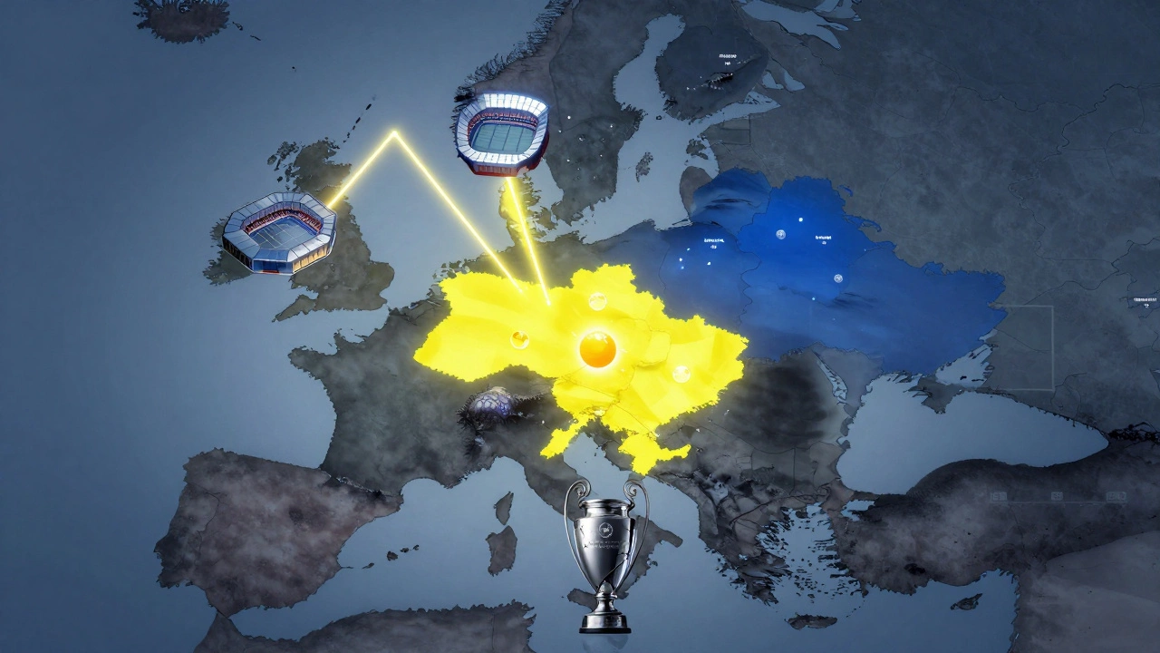 Карта Европы с тремя светящимися точками Украины, символизирующими её еврокубковые квоты и потенциал роста.