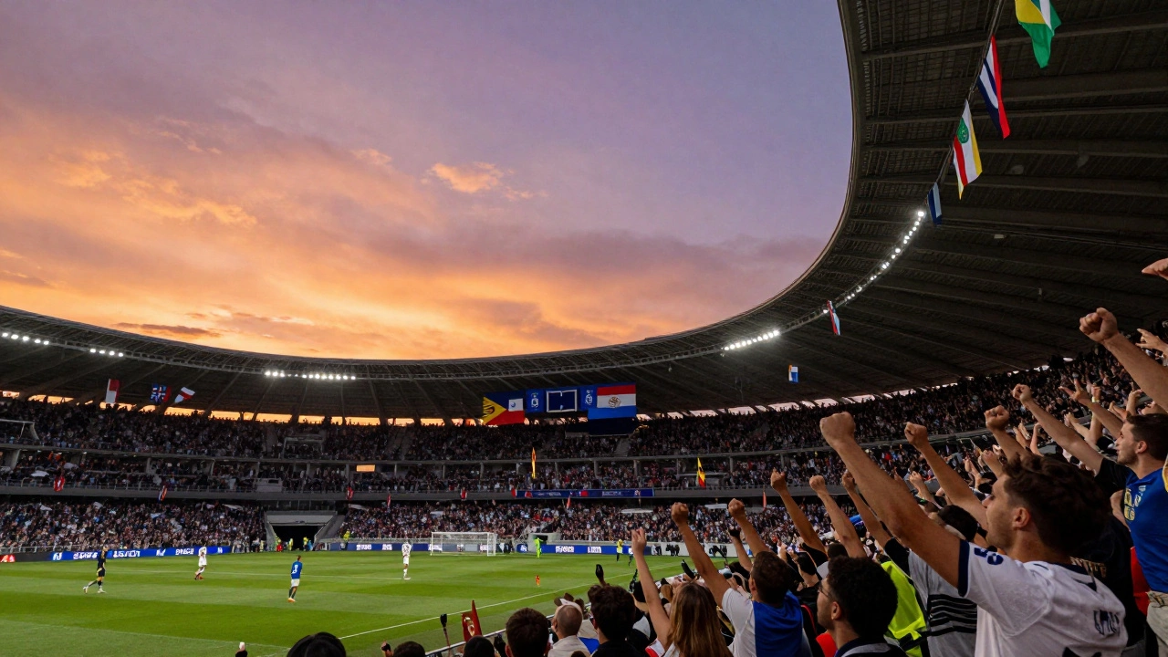 Rome's Olympic Stadium with fans celebrating a dramatic goal in the Conference League final.
