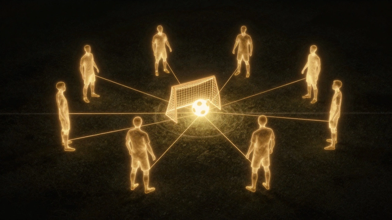 Сеть светящихся линий соединяет игроков на поле, символизируя ассисты, мяч в центре входит в ворота, атмосфера интеллектуальной командной игры.