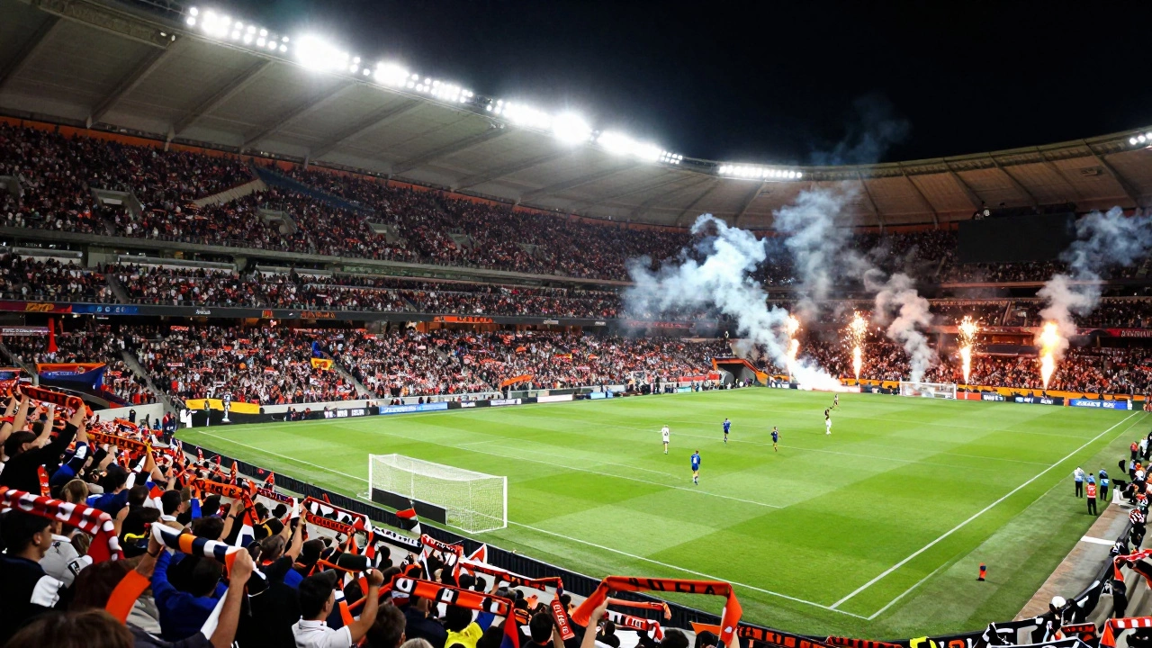 Seville's stadium packed with fans during an intense Europa League final match under bright lights.