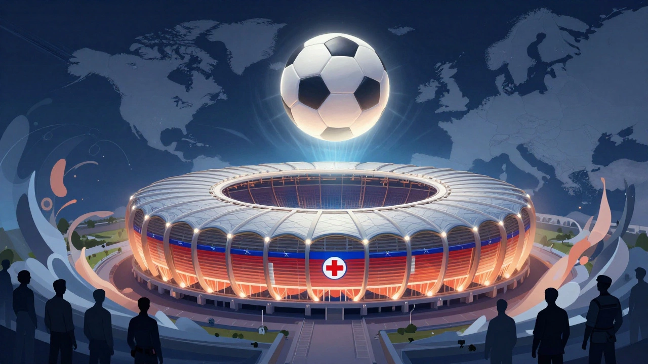 Стадион «Национальный» как символ единства, футбольный мяч светится над ним, окружён абстрактными образами мира.