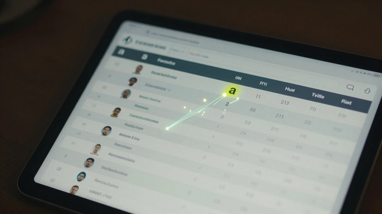 Таблица статистики с выделенной буквой 'a' рядом с именем игрока, на фоне светящихся линий, символизирующих передачи.