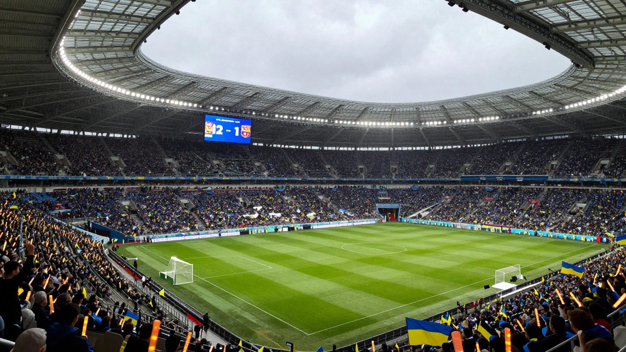 Тестовый матч на стадионе «Национальный» между «Динамо» и «Барселоной», заполненный до предела, идёт дождь.