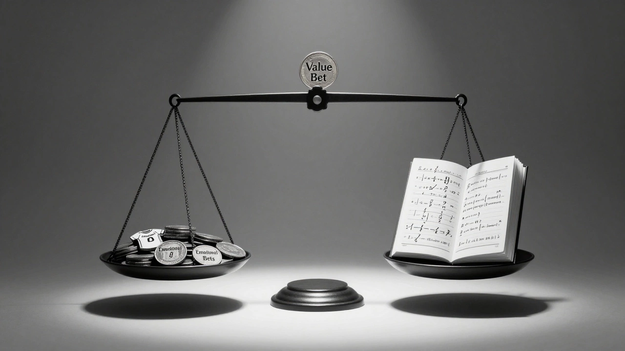 Весы с эмоциональными ставками с одной стороны и математическими расчетами — с другой, одна монета перевешивает.