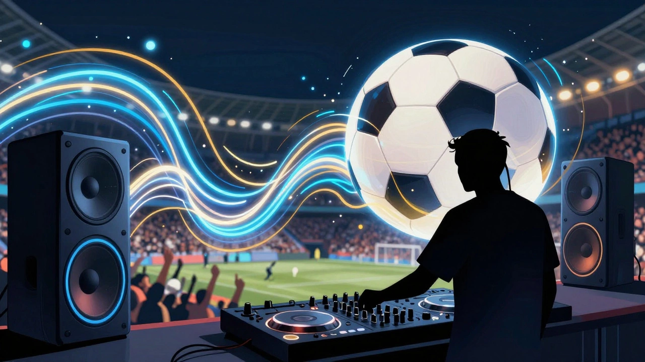 Абстрактная иллюстрация диджея и неоновых волн в атмосфере стадиона