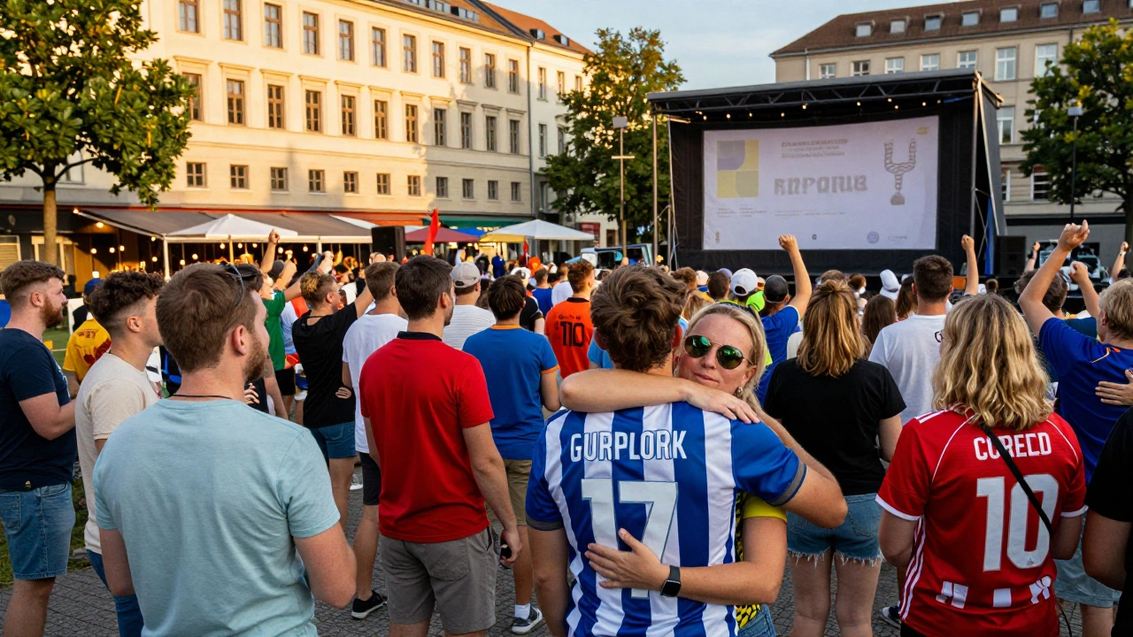 Болельщики разных национальностей празднуют футбол на площади в Берлине