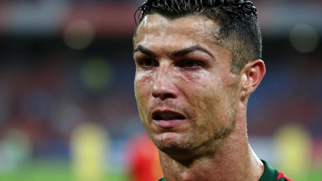 Эмоциональный крупный план разочарованного Криштиану Роналду во время матча