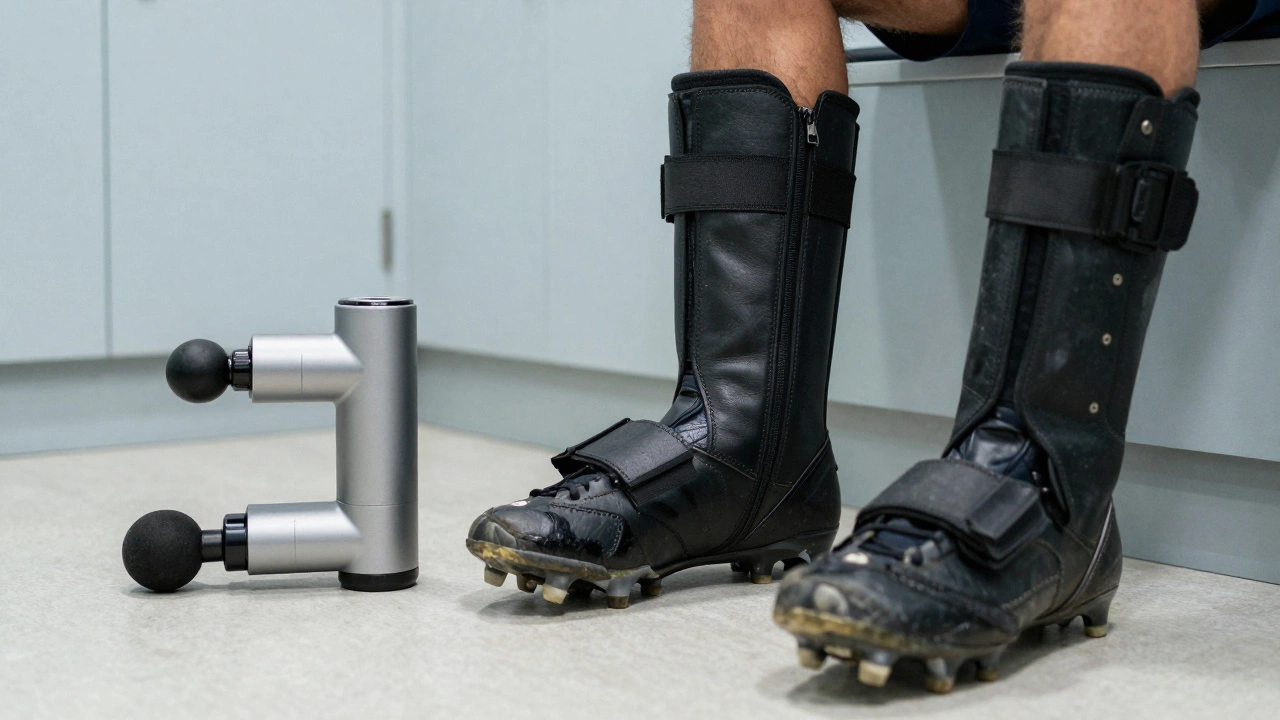 Футбольные бутсы и современное оборудование для восстановления в раздевалке