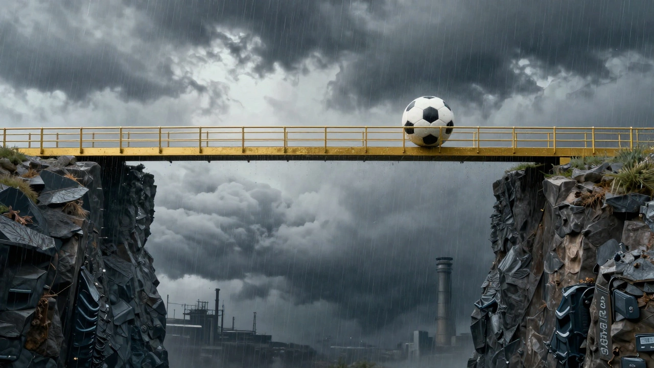 Футбольный мяч на краю золотого моста над серым штормовым обрывом