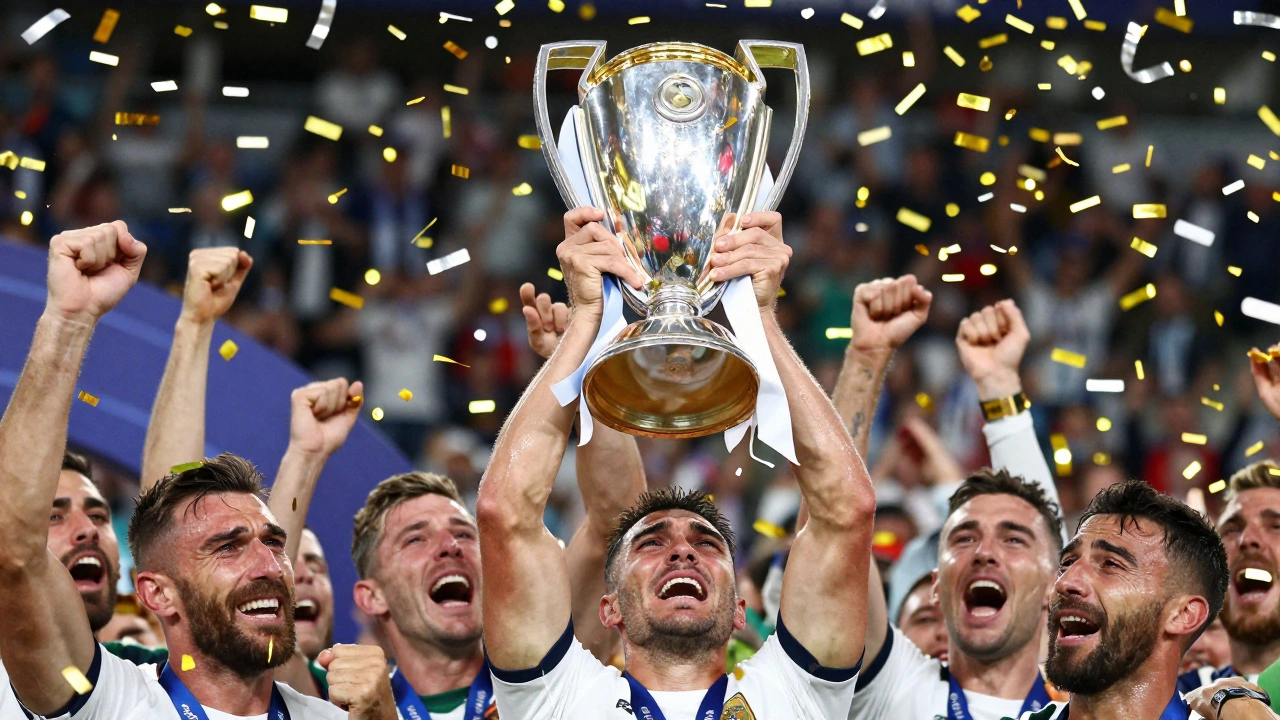 Футболисты поднимают чемпионский кубок под золотым конфетти