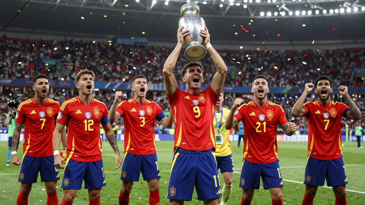 Футболисты сборной Испании празднуют победу с кубком Евро 2024