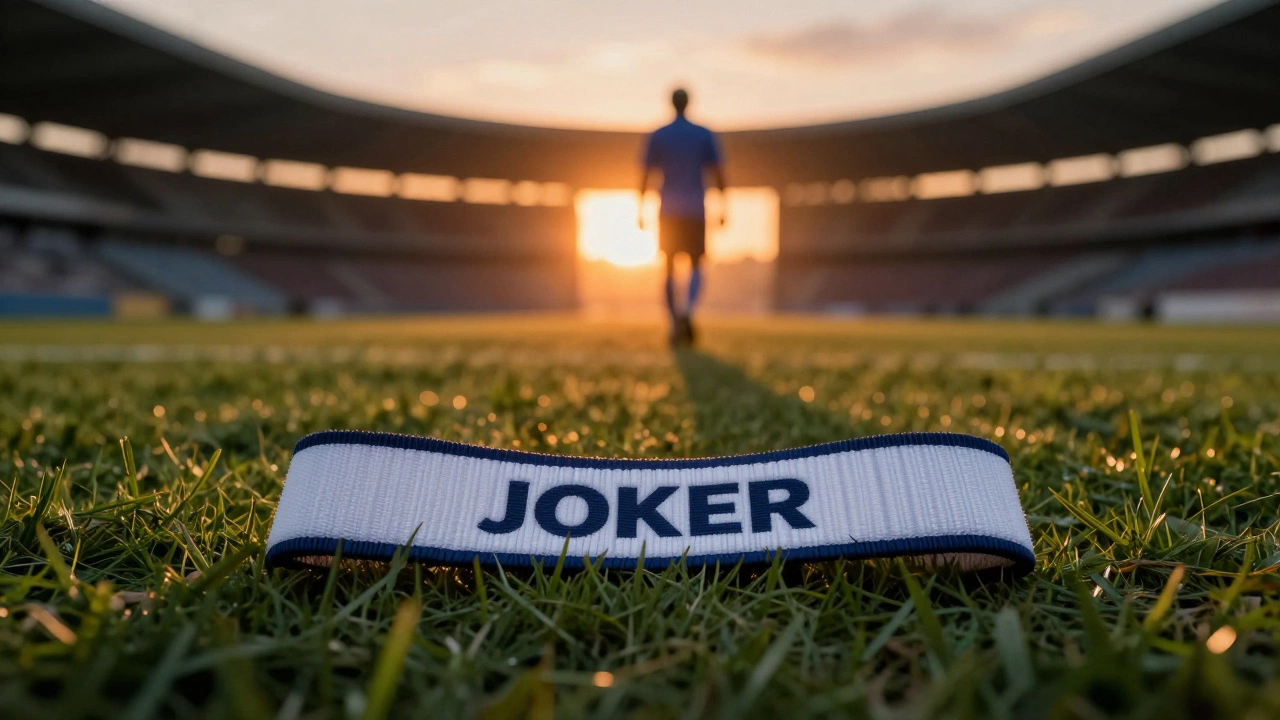 Капитанская повязка на траве и уходящий вдаль футболист как символ смены эпох