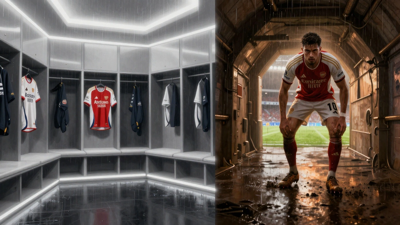 Контраст между роскошной раздевалкой и суровым дождевым туннелем стадиона