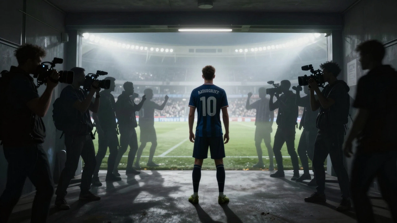 Одинокий футболист в туннеле стадиона, олицетворяющий психологическое давление рекорда