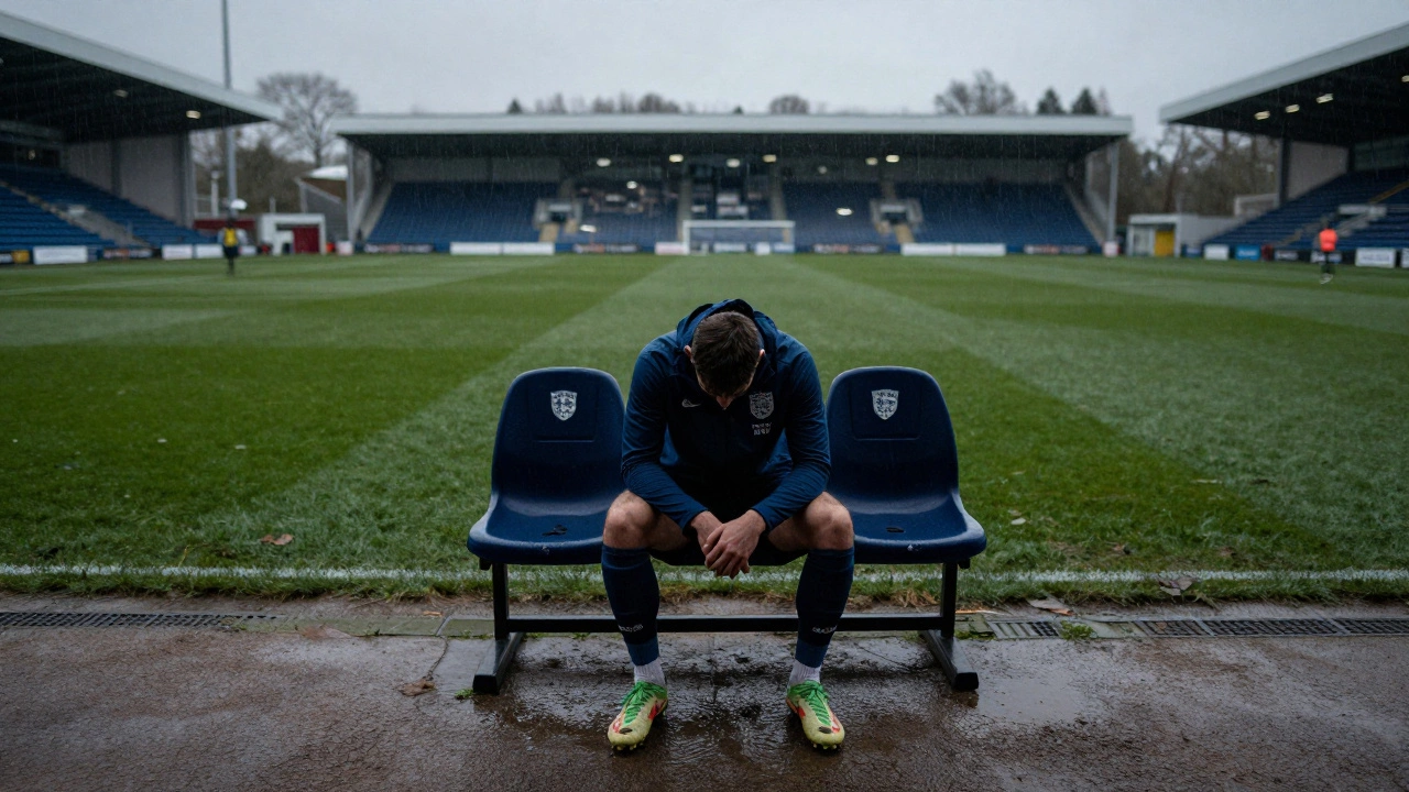 Расстроенный футболист на дождливом тренировочном поле после вылета из лиги