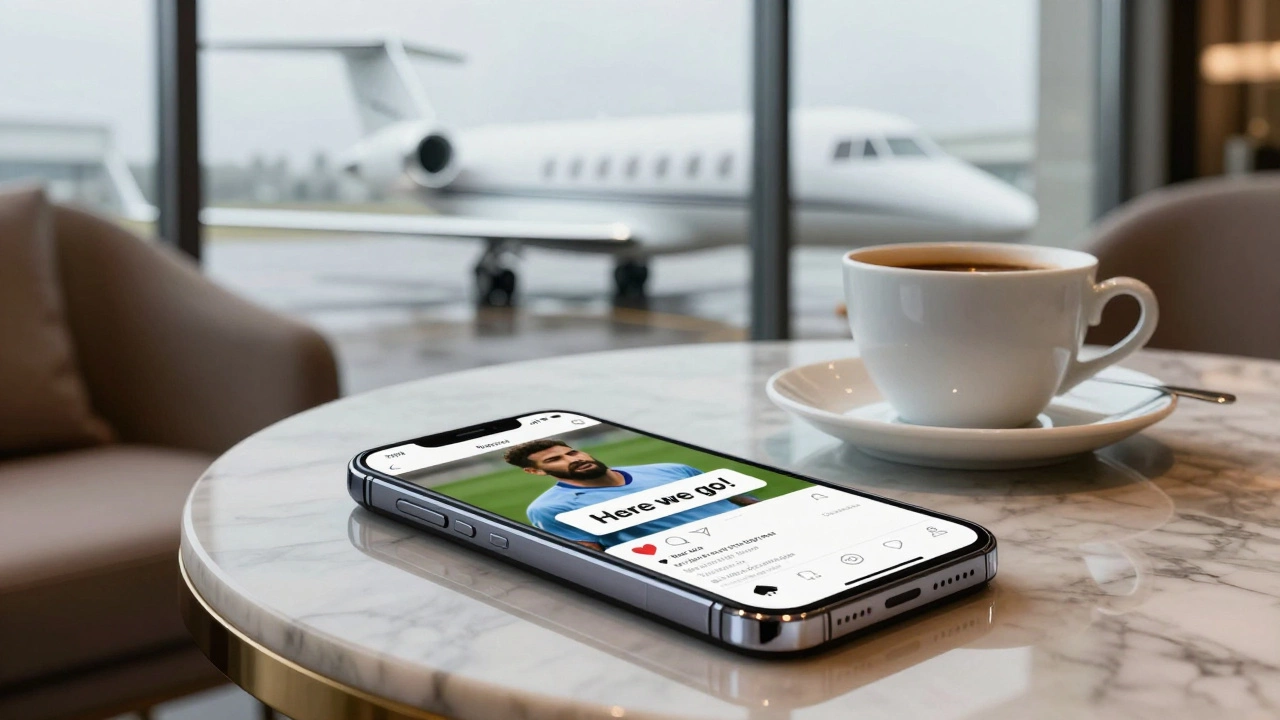 Смартфон с уведомлением о трансфере на фоне окна с частным самолетом