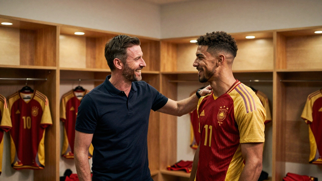 Тренер и футболист в раздевалке в атмосфере доверия и поддержки